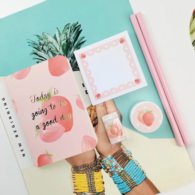 Custom Back to School Supplies Notebook with Pen Clip Kit Pink Strawberry Stationery Gift Set