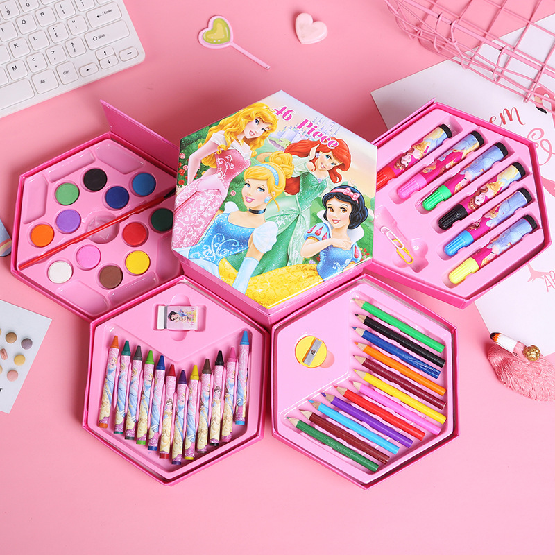 Multilayer Cartoon Kids Painting Set Hexagon Color Box Pencil Pastel Drawing Art Set
