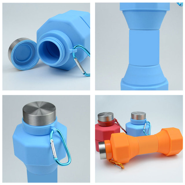 Unisex Silicone Sports Drink Water Bottle Barbell Design Wholesale Folding Collapsible Bottle Custom Logo Gym Appropriate Free