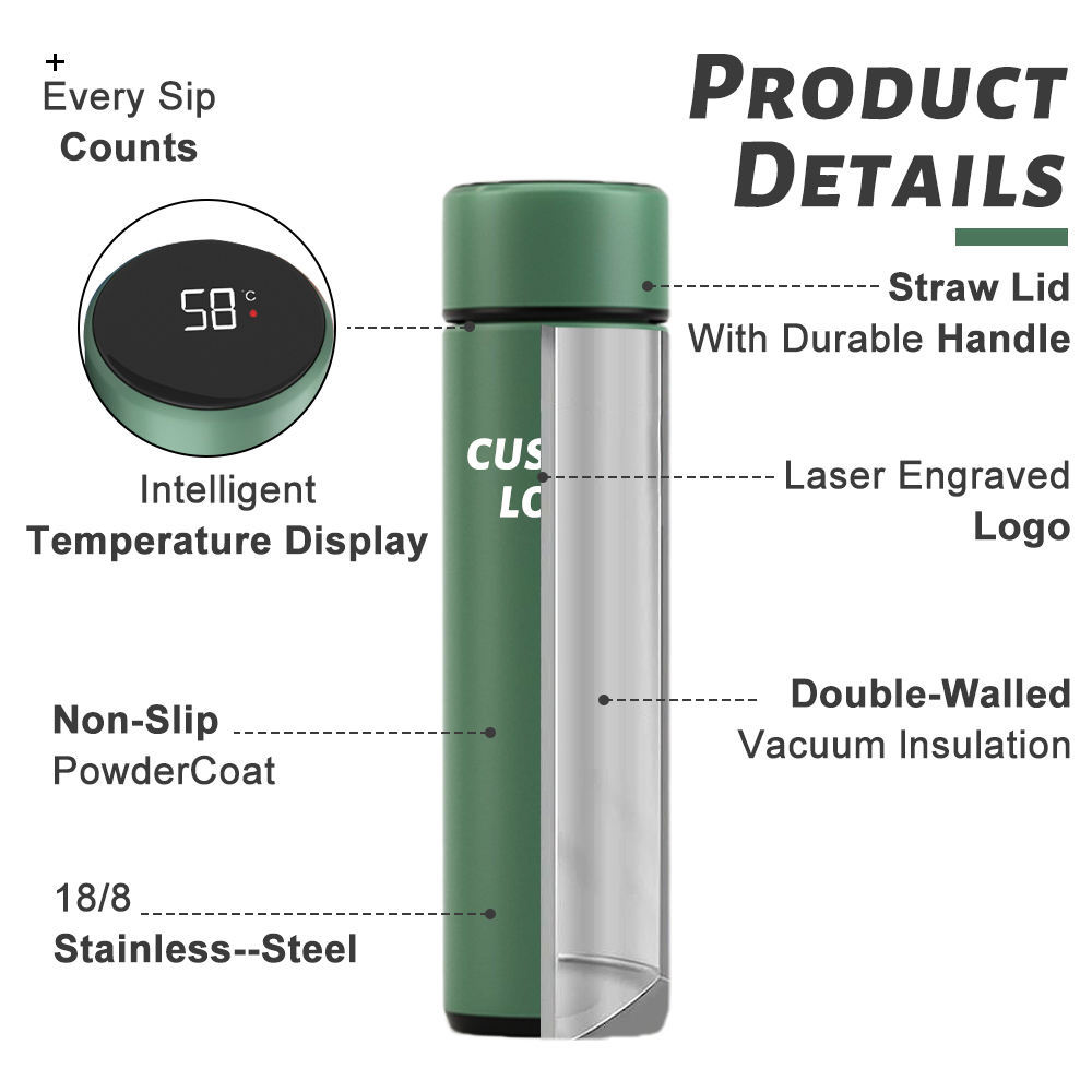 Factory Wholesale Vacuum Insulated Smart Water Cup Custom 500ml LED Vacuum Flask Stainless Steel Smart Water Bottle With Logo