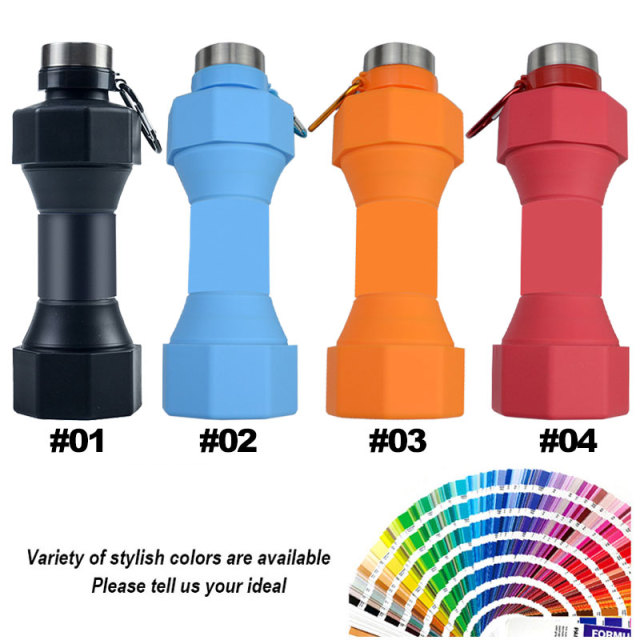 Unisex Silicone Sports Drink Water Bottle Barbell Design Wholesale Folding Collapsible Bottle Custom Logo Gym Appropriate Free