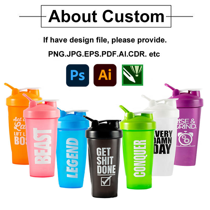 Customized Shaker Water Bottle Shaker Bottle Custom Gym Protein Bottles Print Logo Sport Plastic BPA Free Promotion