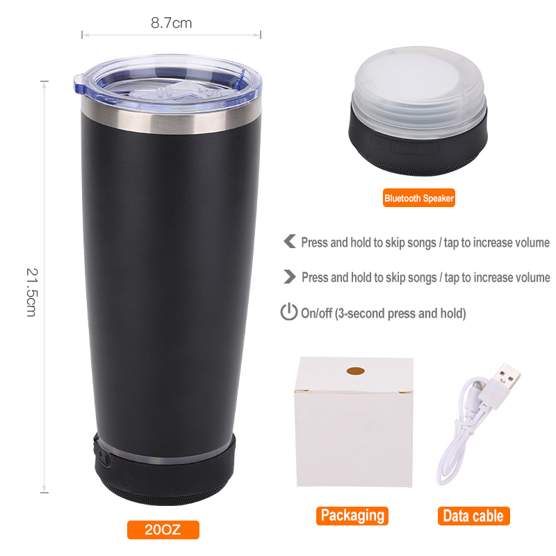 Factory Custom Car Cup with Engraving 20oz Drink Bottles Stainless Steel Coffee Mug Thermos Cup with Bluetooth Speaker