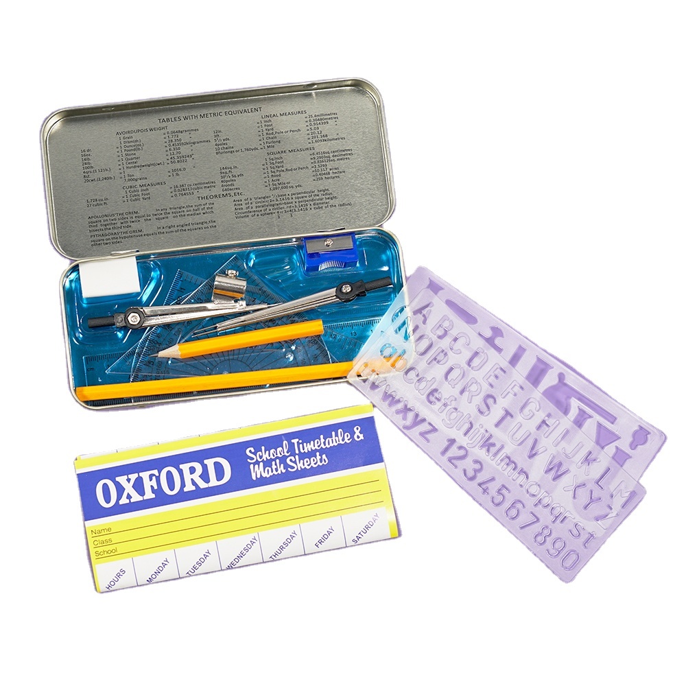 School Gift Box Stationery Set 12 Pieces Math Set With 2 Metal Compasses Geometry Set