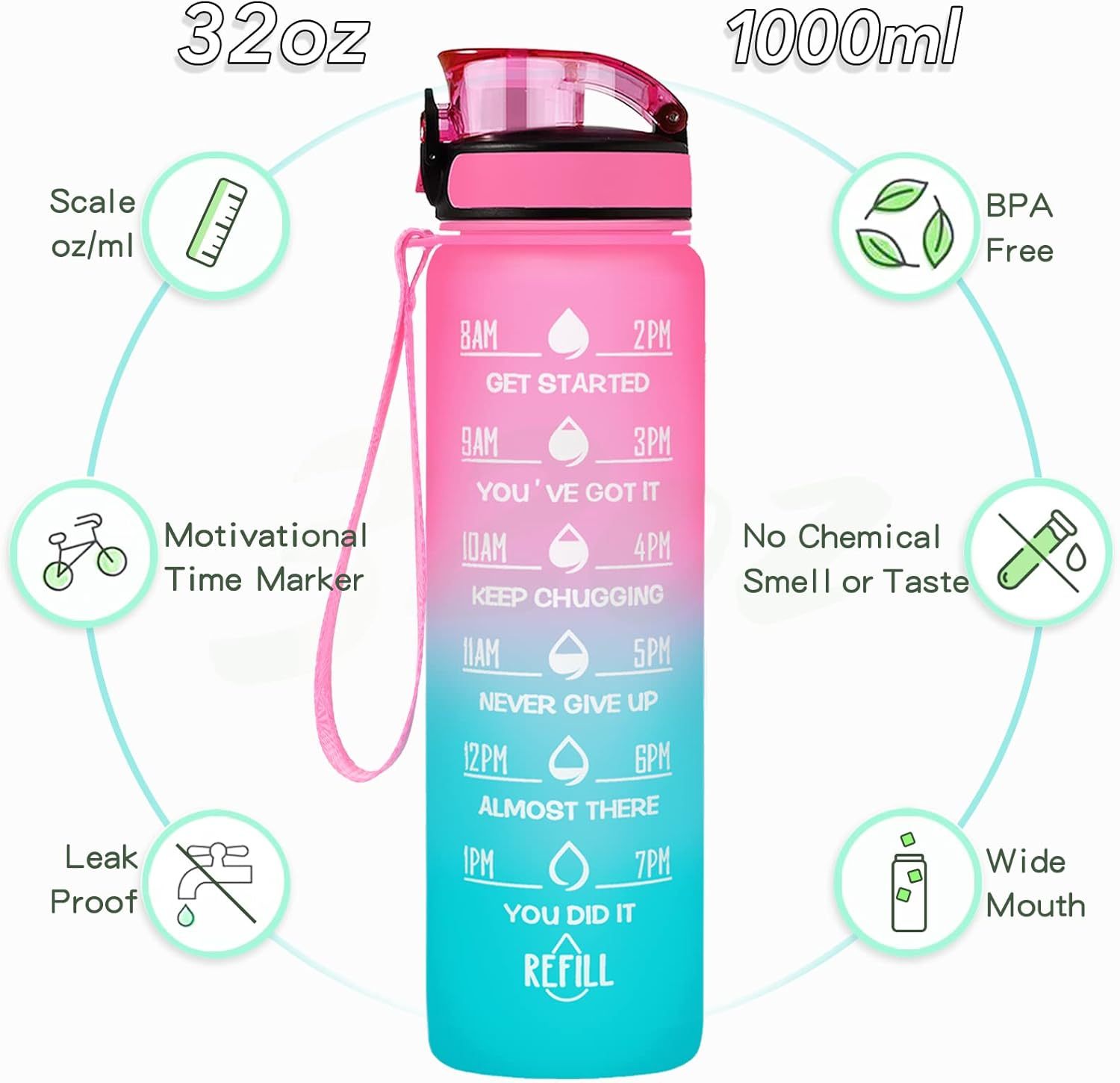 New 1000ML Large Capacity Plastic Sports Water Bottles Gradient Color Water Bottle with Scale Straw Outdoor Sports Water Cup