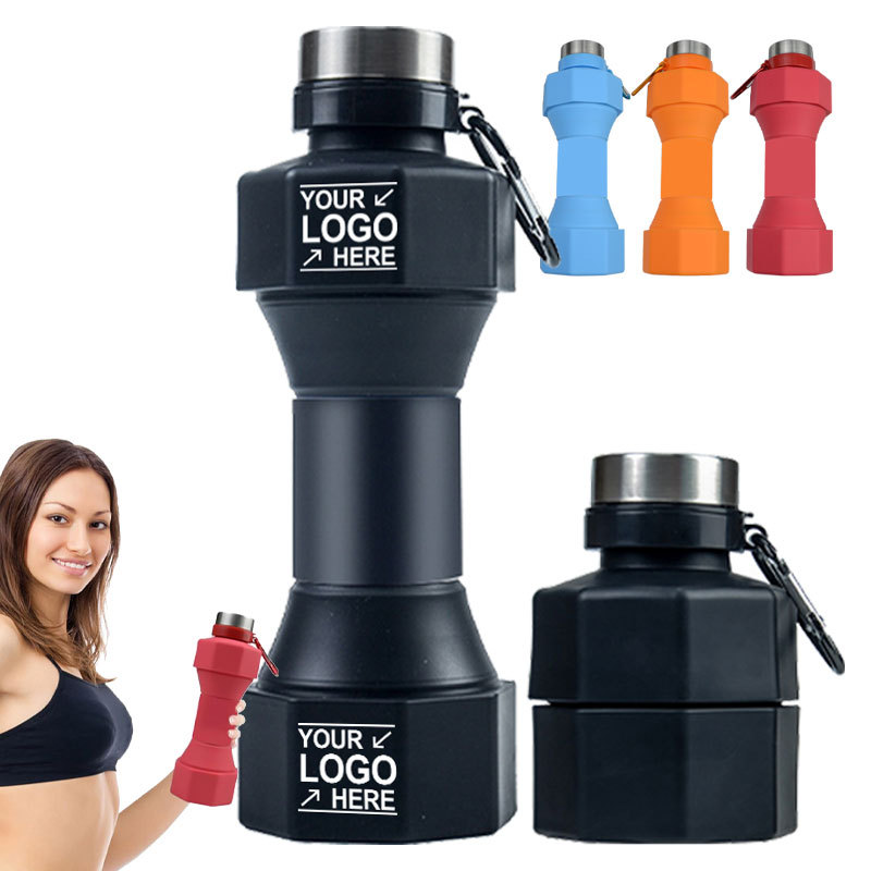 Unisex Silicone Sports Drink Water Bottle Barbell Design Wholesale Folding Collapsible Bottle Custom Logo Gym Appropriate Free