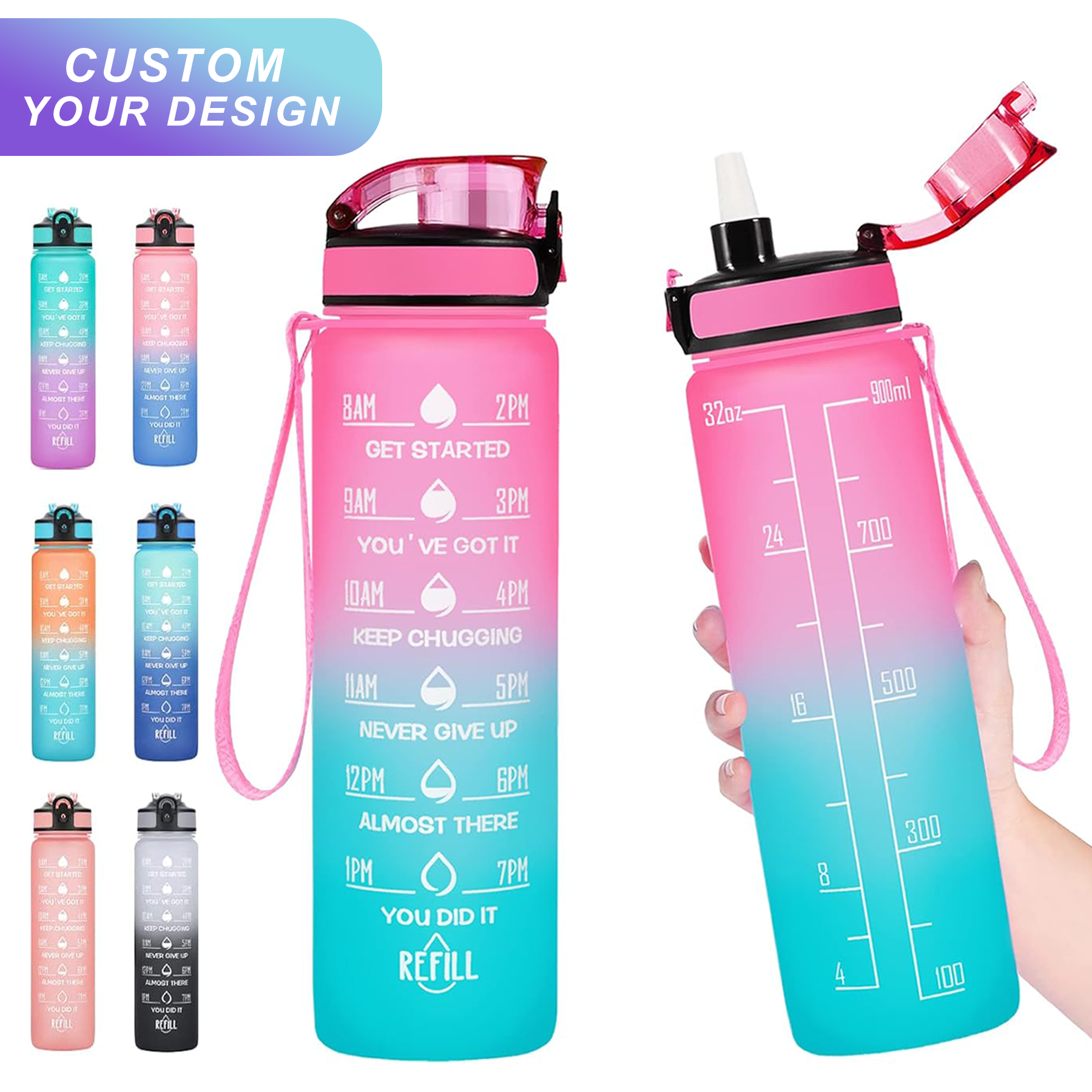New 1000ML Large Capacity Plastic Sports Water Bottles Gradient Color Water Bottle with Scale Straw Outdoor Sports Water Cup