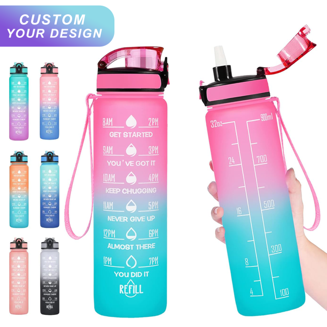 New 1000ML Large Capacity Plastic Sports Water Bottles Gradient Color Water Bottle with Scale Straw Outdoor Sports Water Cup