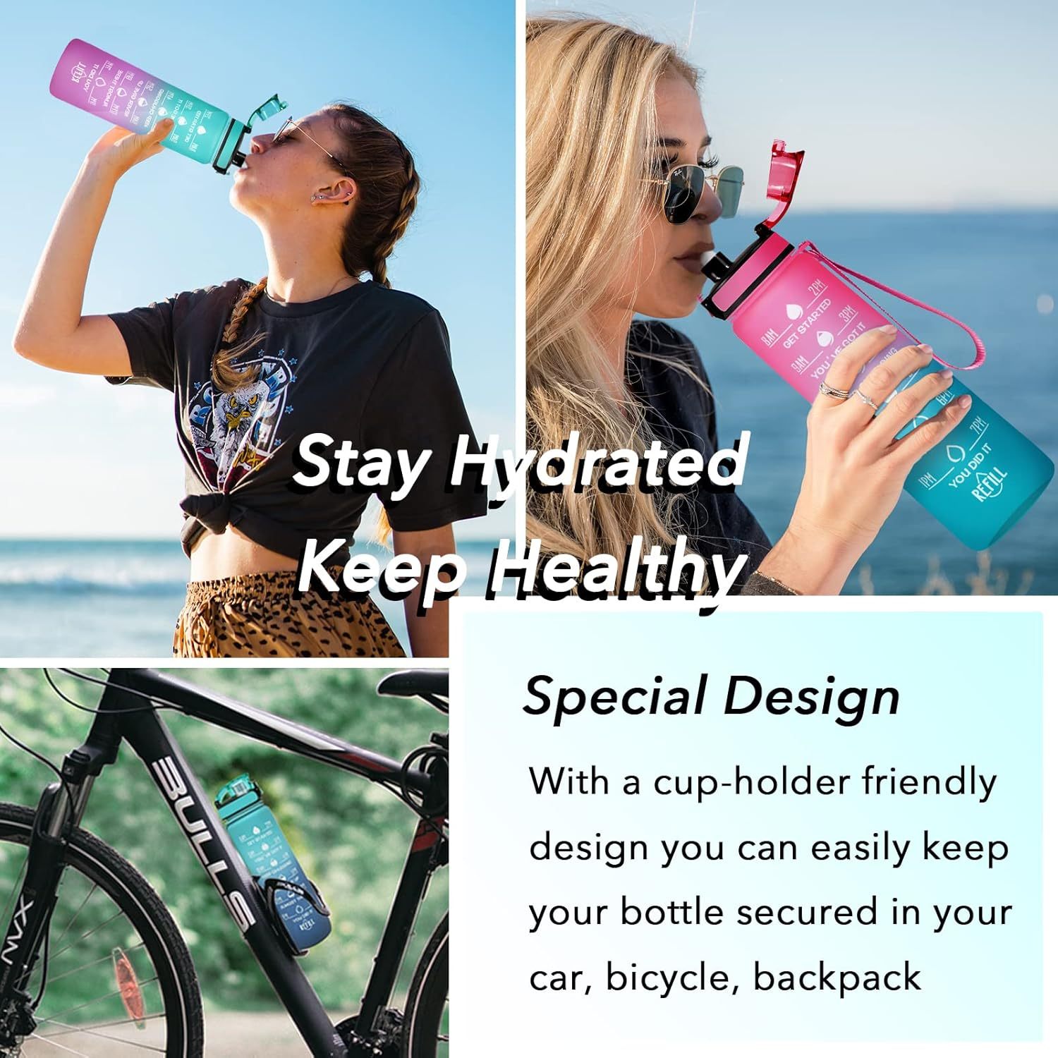 New 1000ML Large Capacity Plastic Sports Water Bottles Gradient Color Water Bottle with Scale Straw Outdoor Sports Water Cup