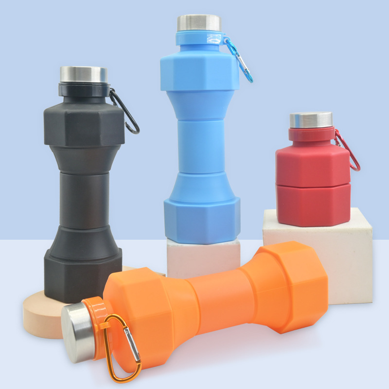 Unisex Silicone Sports Drink Water Bottle Barbell Design Wholesale Folding Collapsible Bottle Custom Logo Gym Appropriate Free