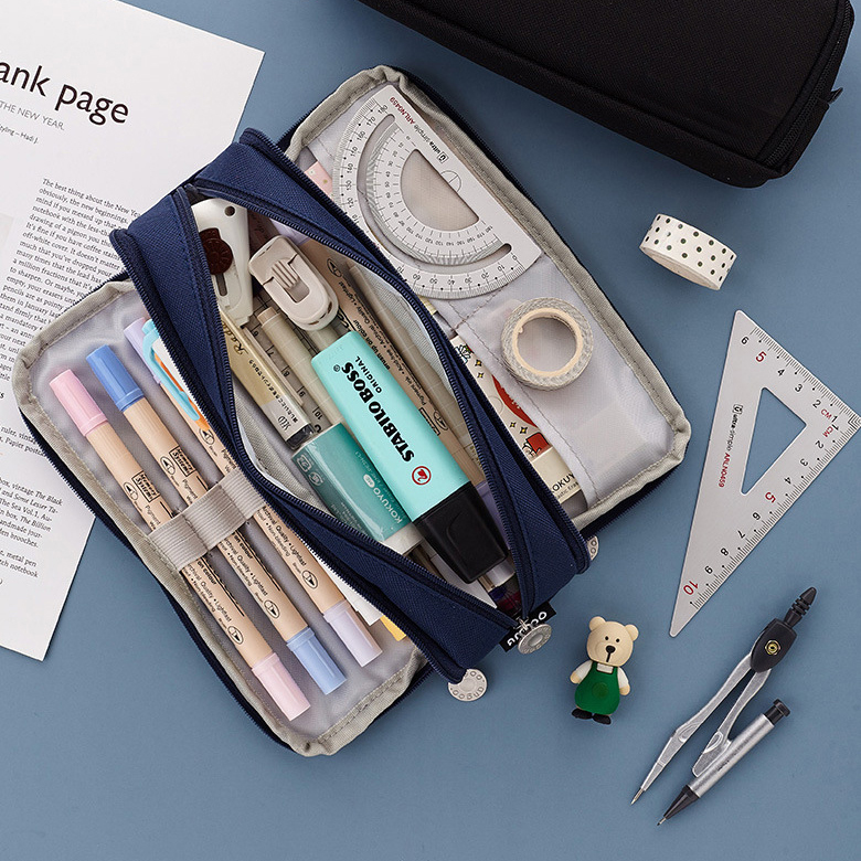 Junior High School Pencil Case Custom Logo Stationery Box Three Layer Large Capacity Cute Pen Bags Oxford Material Fashion Style