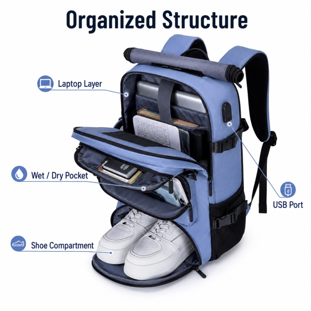 Travel Backpack Outdoor Hiking Daypack Large Capacity Laptop Bag Rucksack with USB Port Men Women