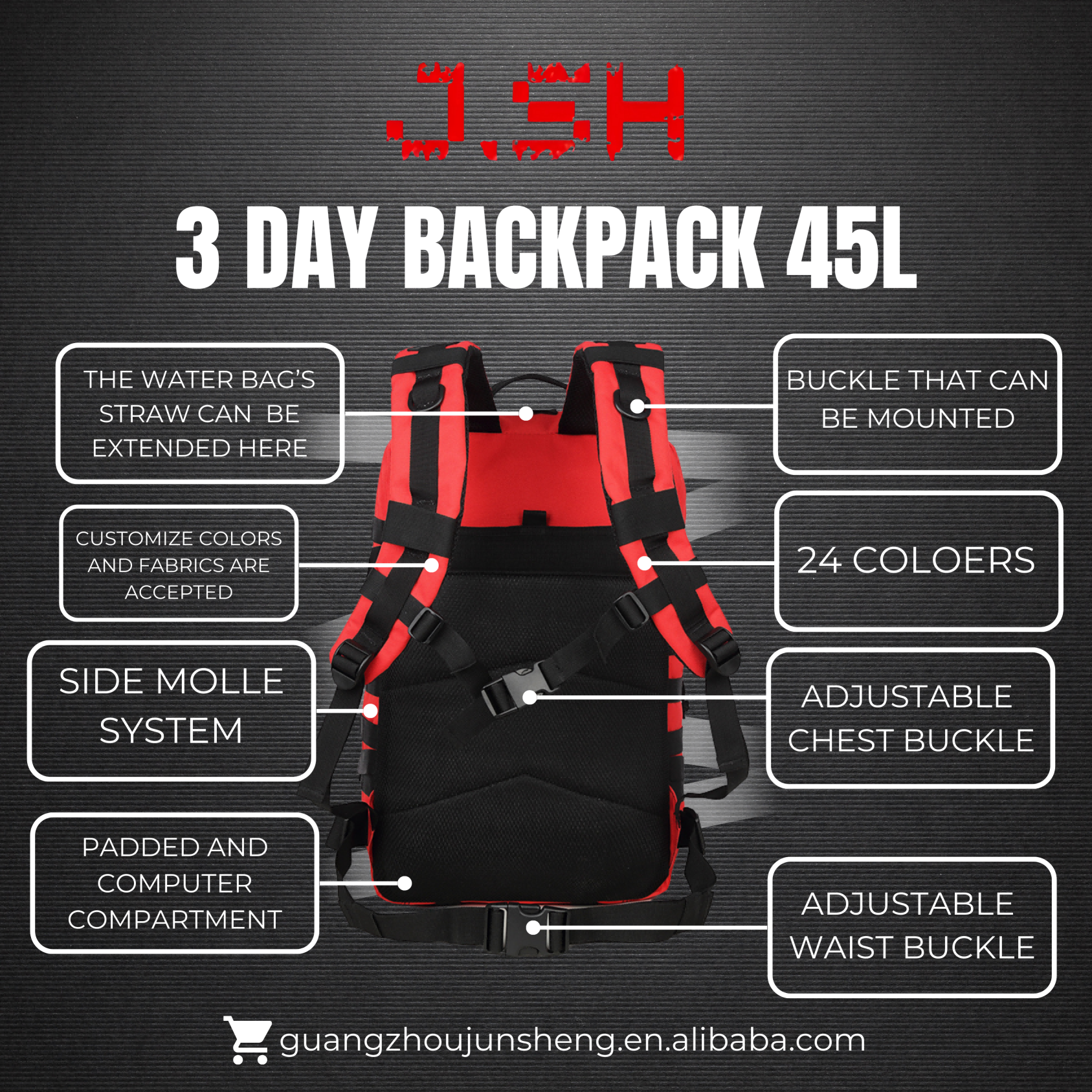 JSH  Factory Tactical Backpack Rucksack Molle Tactical Backpack for Traveling Tactical Frame Backpack 45L Custom Logo