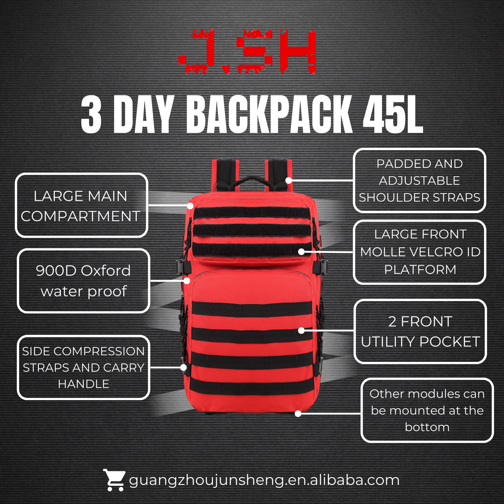 JSH  Factory Tactical Backpack Rucksack Molle Tactical Backpack for Traveling Tactical Frame Backpack 45L Custom Logo