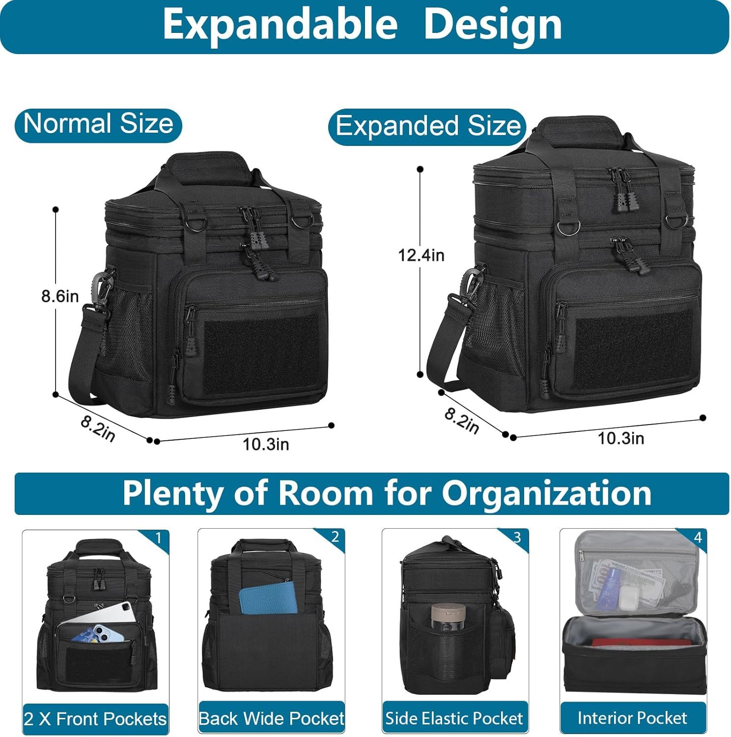 Spoir Tactical Leather Expandable Insulated Lunch Cooler Bag for Men Women Adults-Large Capacity Outdoor Work Use Black 16L