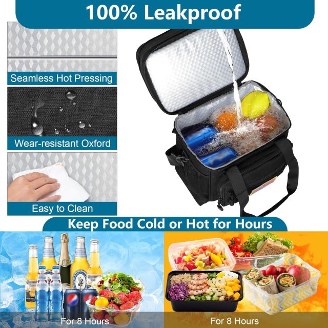 Spoir Tactical Leather Expandable Insulated Lunch Cooler Bag for Men Women Adults-Large Capacity Outdoor Work Use Black 16L