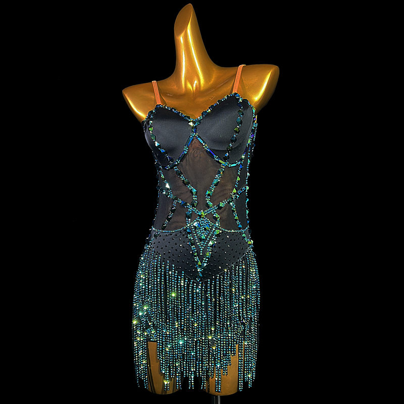 SYL black stretch mesh sleeveless sew-on stone stone fringe dancesport dress stones latin dance dress competition girl