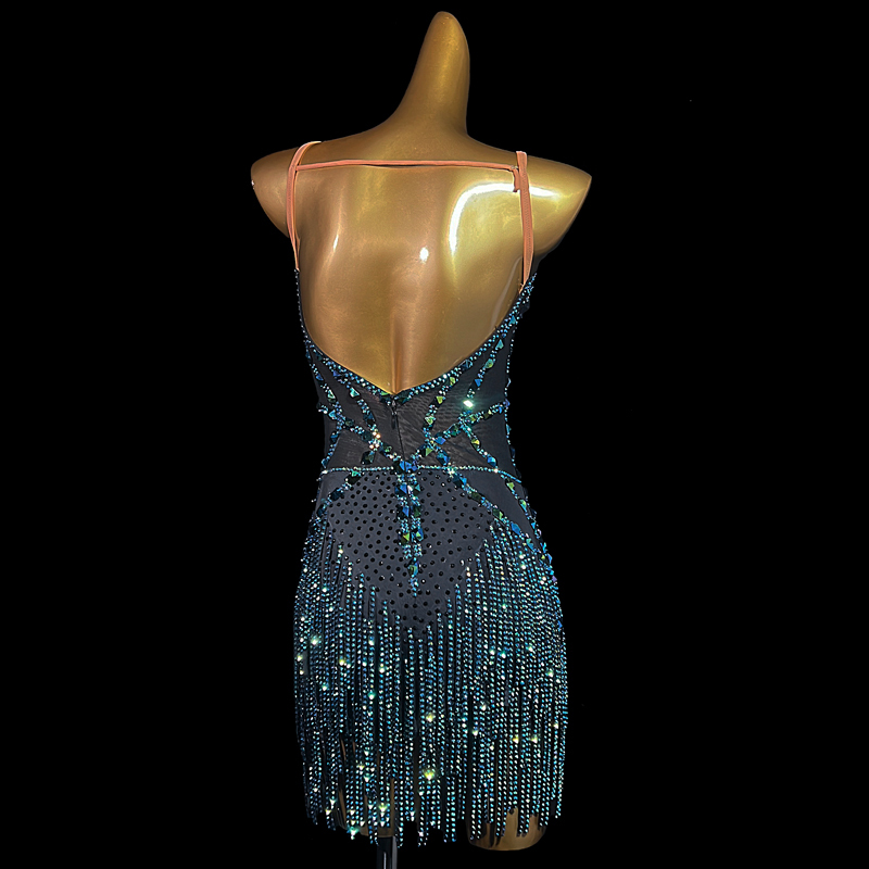 SYL black stretch mesh sleeveless sew-on stone stone fringe dancesport dress stones latin dance dress competition girl