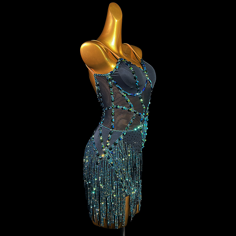 SYL black stretch mesh sleeveless sew-on stone stone fringe dancesport dress stones latin dance dress competition girl