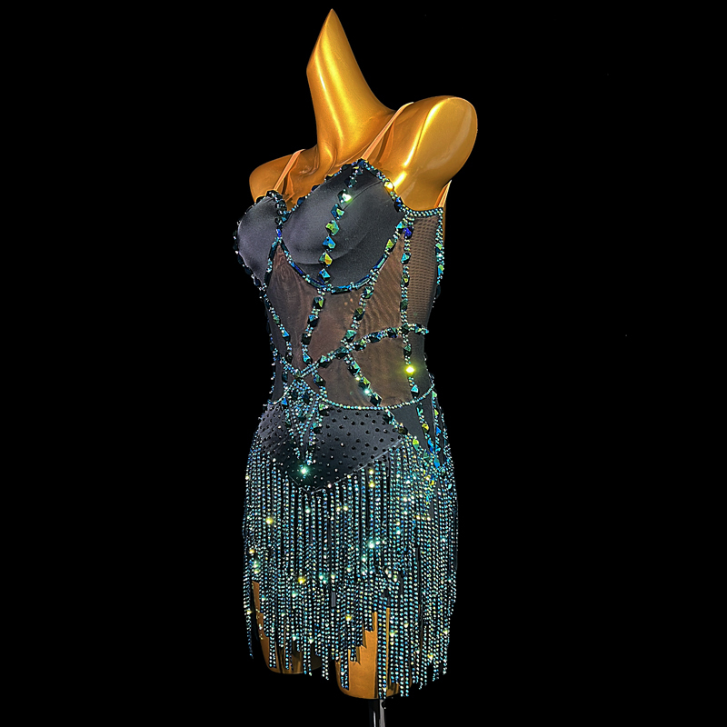 SYL black stretch mesh sleeveless sew-on stone stone fringe dancesport dress stones latin dance dress competition girl