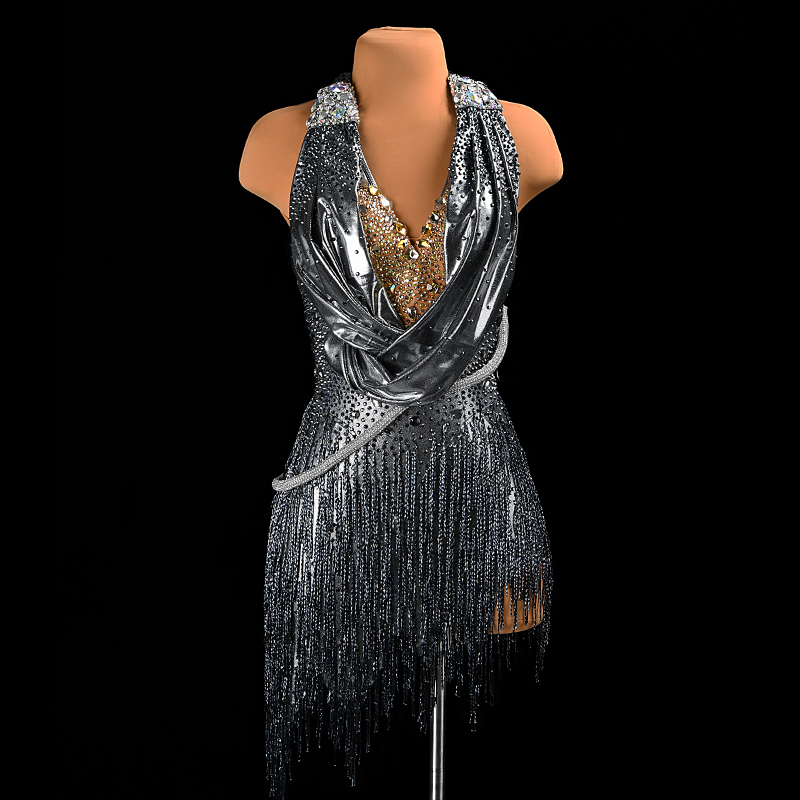 SYL black sleeveless beaded fringe sew-on stone dancesport dress standard latin dance dress woman