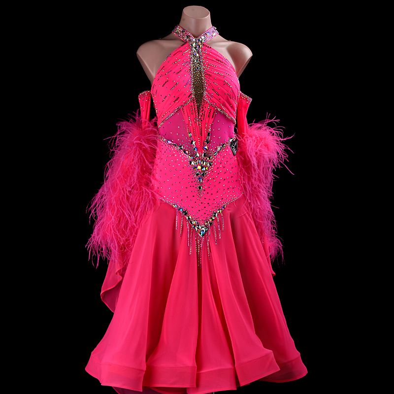 SYL rose red pearl chiffon sleeveless feather boas sew-on stone standard dance dresses girls kids ballroom dance dress