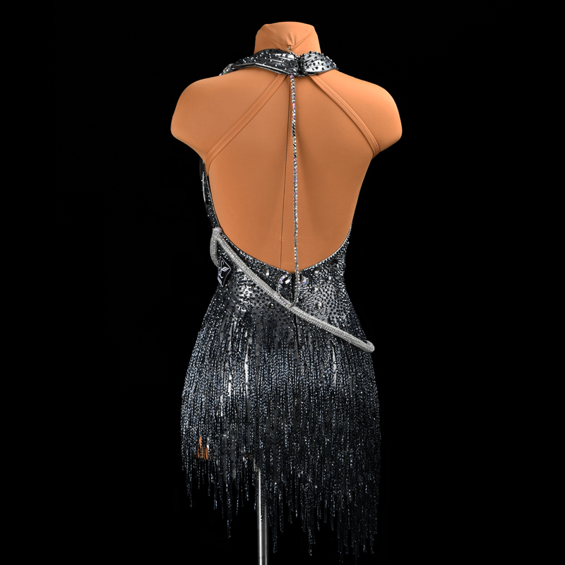 SYL black sleeveless beaded fringe sew-on stone dancesport dress standard latin dance dress woman