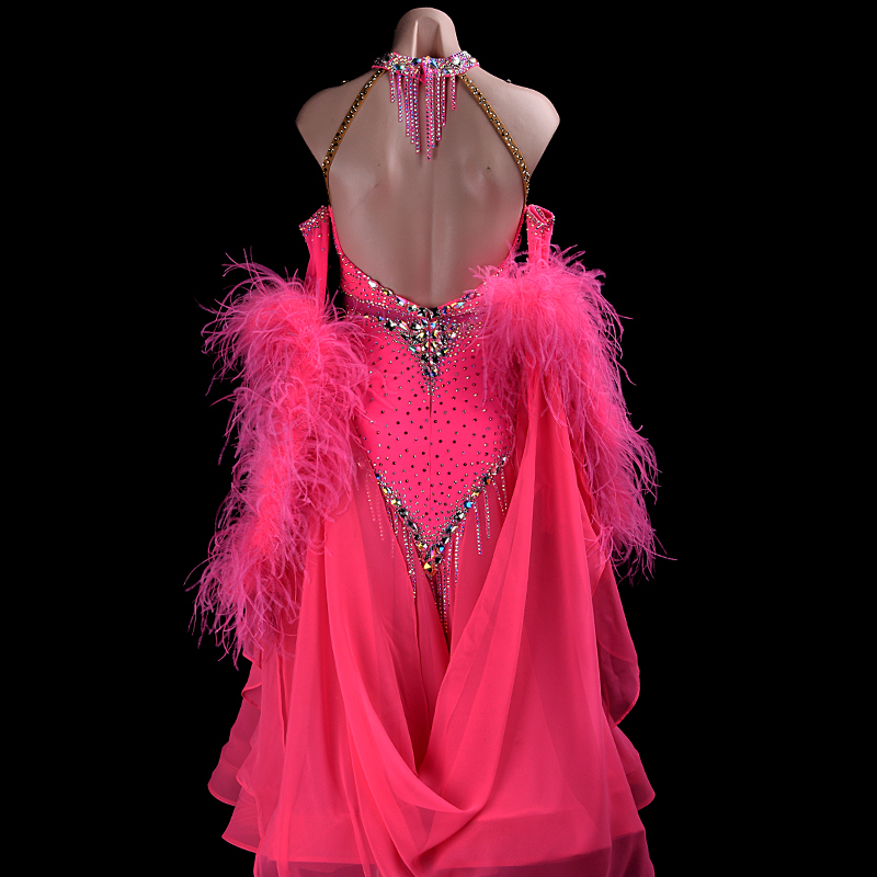 SYL rose red pearl chiffon sleeveless feather boas sew-on stone standard dance dresses girls kids ballroom dance dress