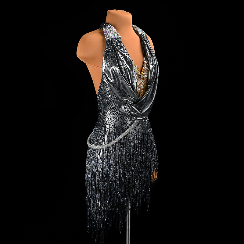 SYL black sleeveless beaded fringe sew-on stone dancesport dress standard latin dance dress woman