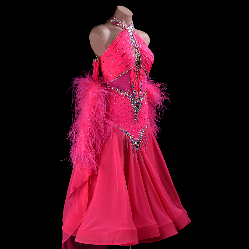 SYL rose red pearl chiffon sleeveless feather boas sew-on stone standard dance dresses girls kids ballroom dance dress