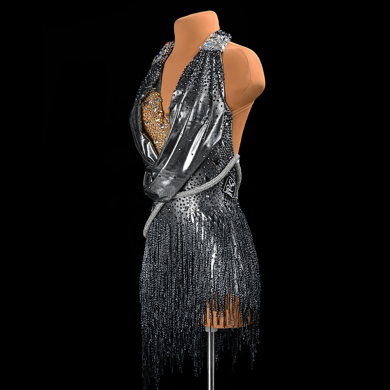 SYL black sleeveless beaded fringe sew-on stone dancesport dress standard latin dance dress woman