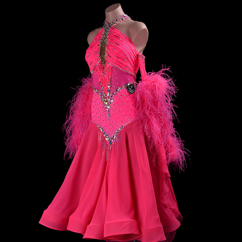 SYL rose red pearl chiffon sleeveless feather boas sew-on stone standard dance dresses girls kids ballroom dance dress