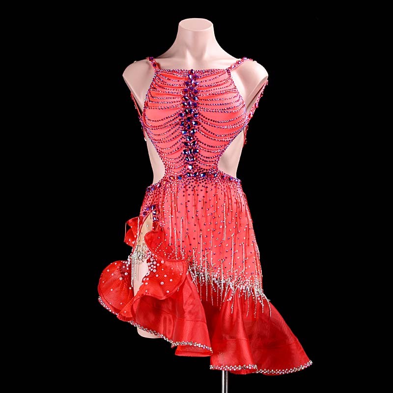 SYL rose red backless beaded fringe sew-on stone dancesport dress standard latin costumes competition