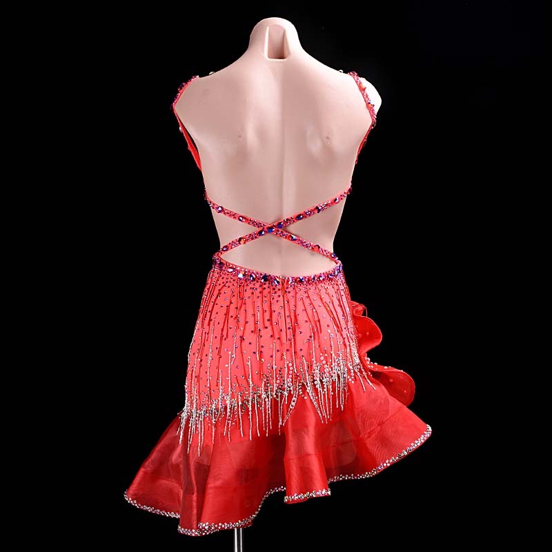 SYL rose red backless beaded fringe sew-on stone dancesport dress standard latin costumes competition