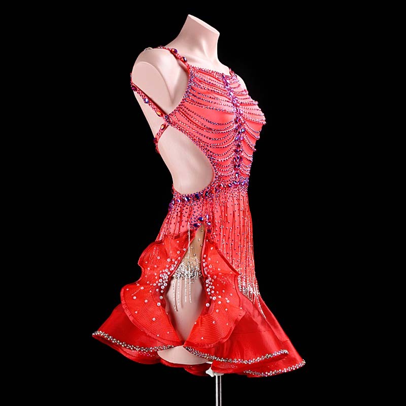SYL rose red backless beaded fringe sew-on stone dancesport dress standard latin costumes competition
