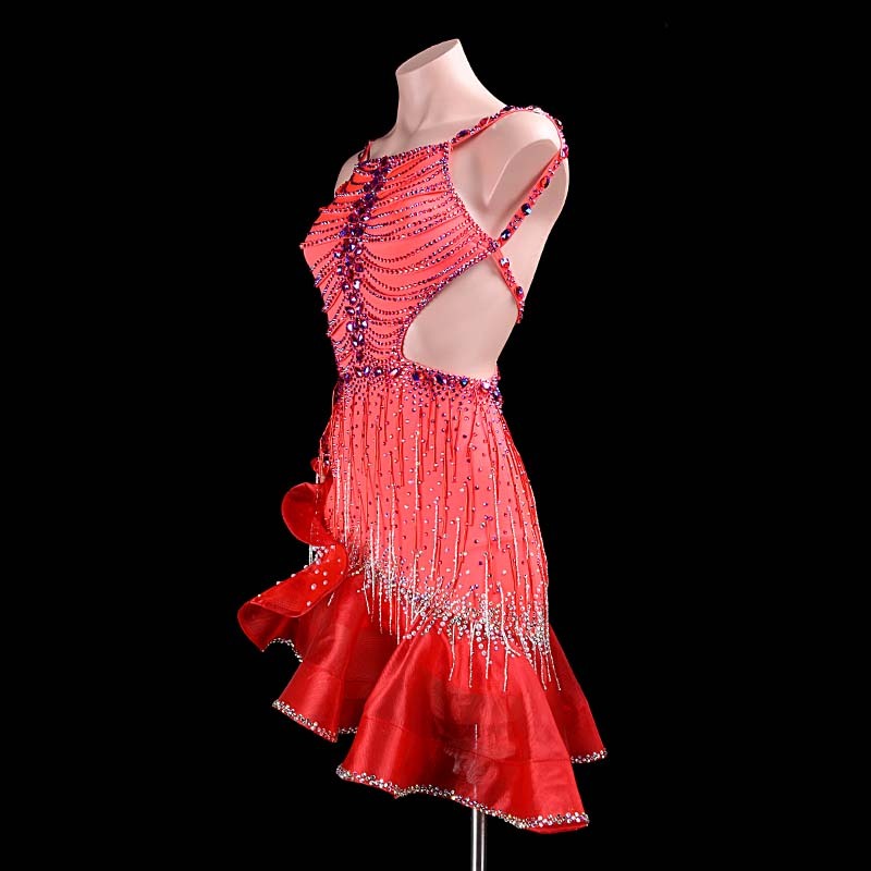 SYL rose red backless beaded fringe sew-on stone dancesport dress standard latin costumes competition