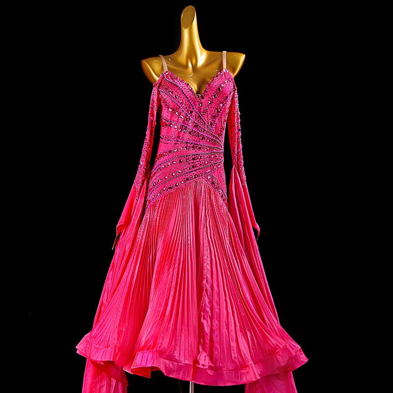 SYL fuchsia pearl chiffon ruched sew-on stone standard dance dress woman ballroom dance dress standard competition
