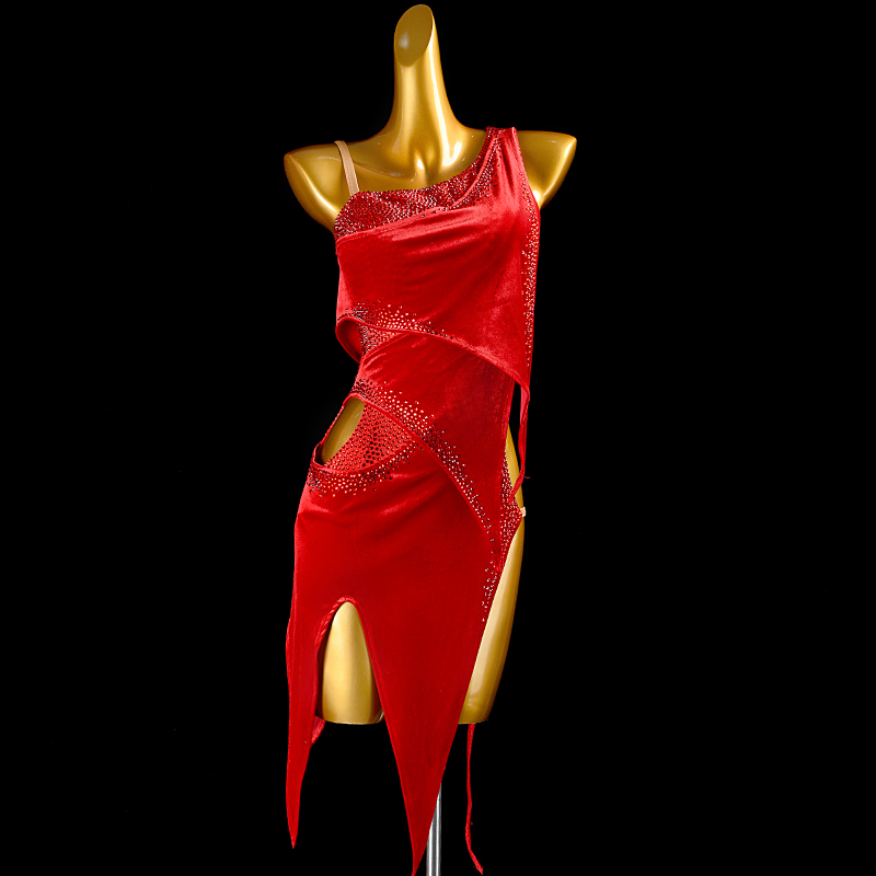 SYL red stretch velvet sleeveless rhinestone rhythm dance dress woman dancesport dress competition