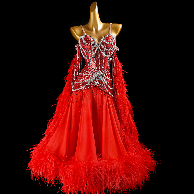 SYL red pearl chiffon sleeveless feather boas stone fringe standard dance dress girl ballroom dress competition