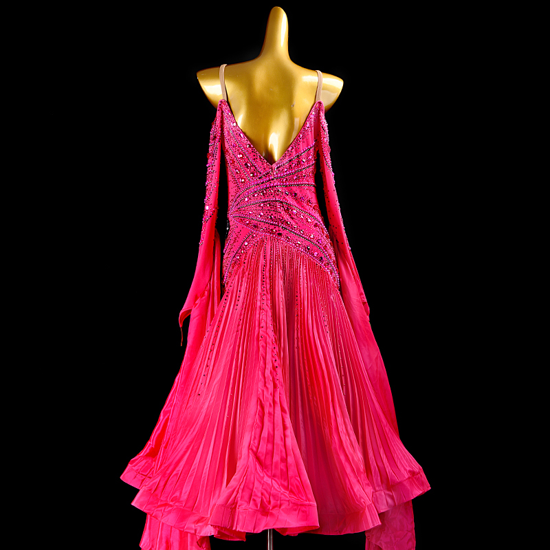 SYL fuchsia pearl chiffon ruched sew-on stone standard dance dress woman ballroom dance dress standard competition