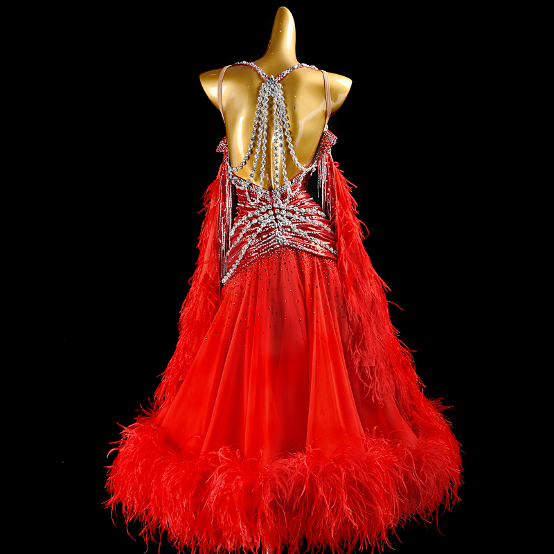 SYL red pearl chiffon sleeveless feather boas stone fringe standard dance dress girl ballroom dress competition