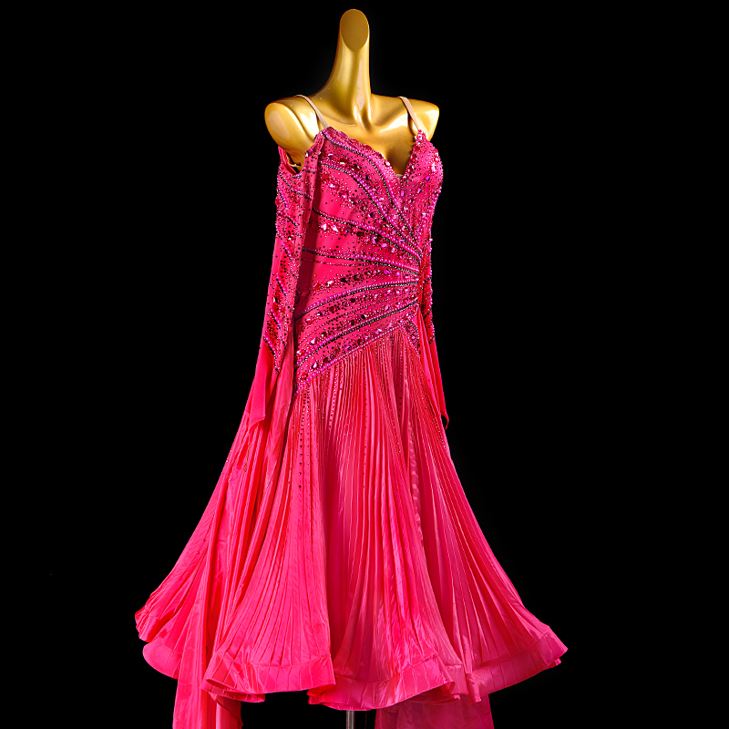 SYL fuchsia pearl chiffon ruched sew-on stone standard dance dress woman ballroom dance dress standard competition