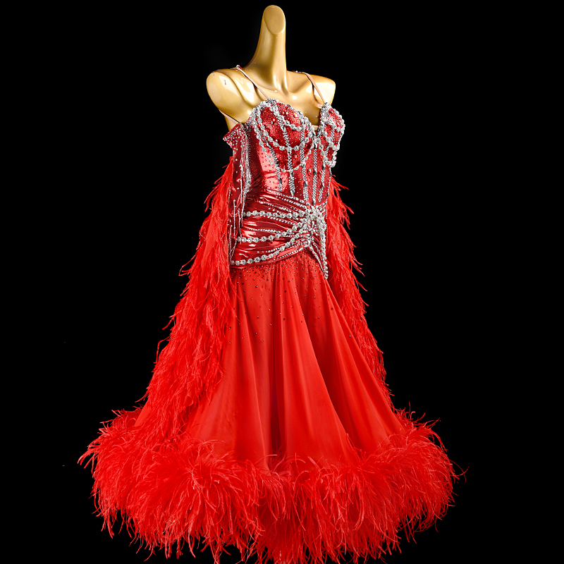 SYL red pearl chiffon sleeveless feather boas stone fringe standard dance dress girl ballroom dress competition