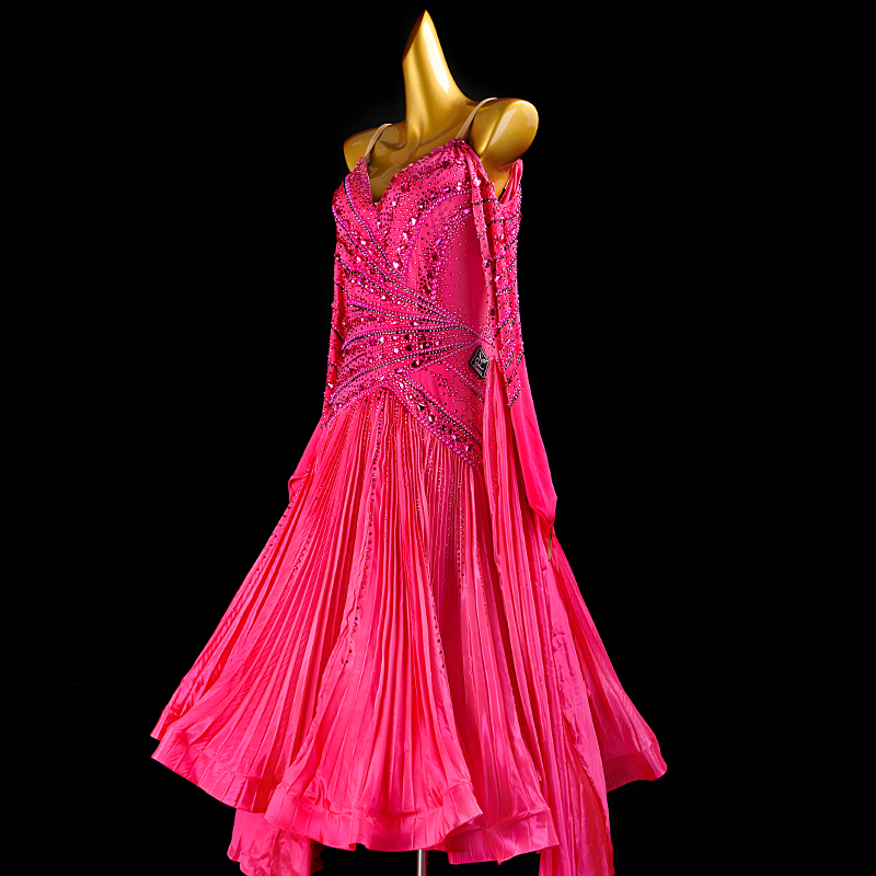 SYL fuchsia pearl chiffon ruched sew-on stone standard dance dress woman ballroom dance dress standard competition