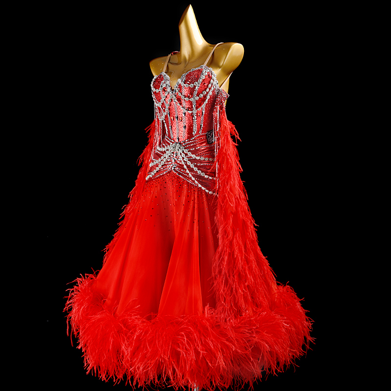 SYL red pearl chiffon sleeveless feather boas stone fringe standard dance dress girl ballroom dress competition