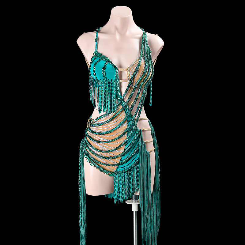 SYL green cut out fringe sew-on stone and stone fringe rhythm dance dress woman latin costumes competition
