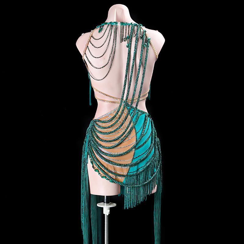 SYL green cut out fringe sew-on stone and stone fringe rhythm dance dress woman latin costumes competition
