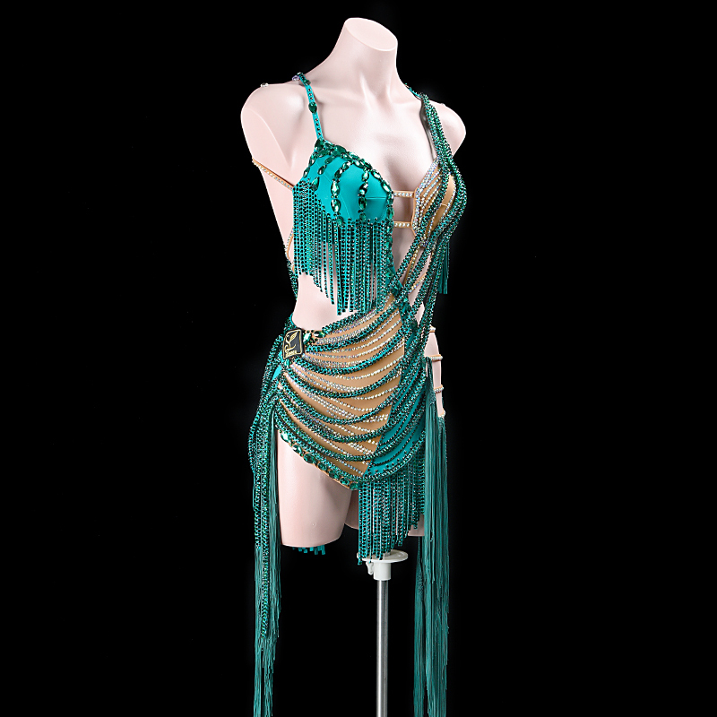 SYL green cut out fringe sew-on stone and stone fringe rhythm dance dress woman latin costumes competition