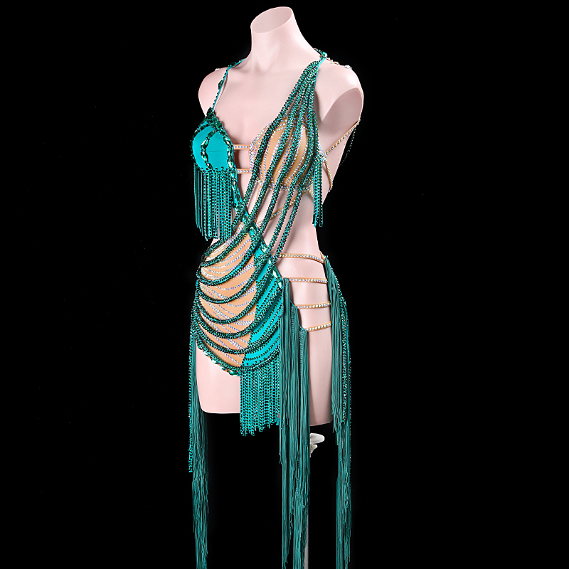 SYL green cut out fringe sew-on stone and stone fringe rhythm dance dress woman latin costumes competition
