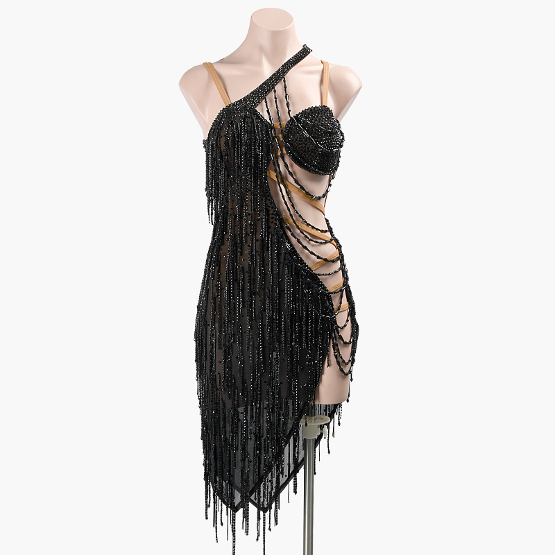 SYL black stretch mesh backless beaded fringe beading dancesport dress competition woman rhythm dance dress